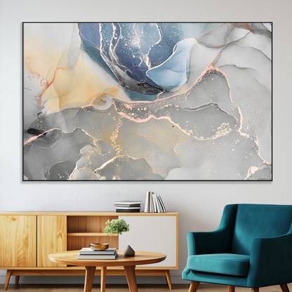 18176-MGV-CV-36X24-Abstract Fluid Wall Art – Modern Marble Ink Canvas Print with Blue, Gold, and Gray Tones, Contemporary Minimal Artwork Decor for