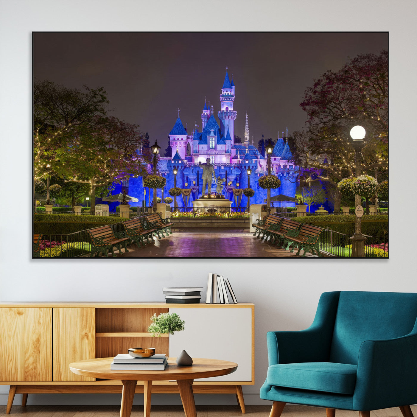 63560-MGV-CV-36X24-Fairy Tale Castle Wall Art – Magical Night Scene Canvas Print with Lights and Gardens, Fantasy Architecture Artwork for Living