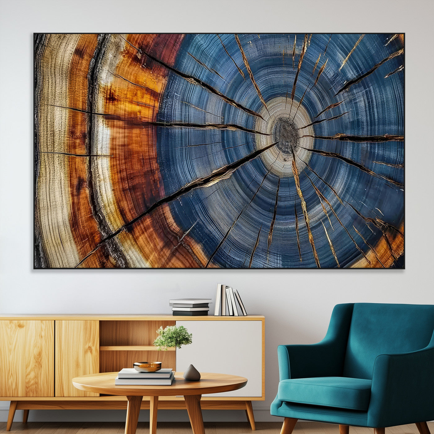 10583-MGV-CV-36X24-Tree Ring Wall Art – Abstract Wood Grain Canvas Print with Blue and Brown Tones, Nature Inspired Rustic Artwork for Living Room,