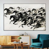 23069-MGV-CV-36X24-Galloping Horses Wall Art – Black Ink Painting on Canvas, Dynamic Equestrian Artwork with Running Stallions, Expressive Modern