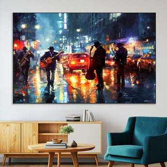 94605-MGV-CV-36X24-City Jazz Night Wall Art – Vibrant Music Canvas Print Featuring Saxophone, Guitar and Bass Players, Urban Street Scene Artwork for