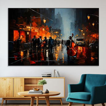 46538-MGV-CV-36X24-Urban Jazz Night Wall Art – Dramatic Music Canvas Print with Double Bass and Street Musicians, Modern City Scene Artwork for