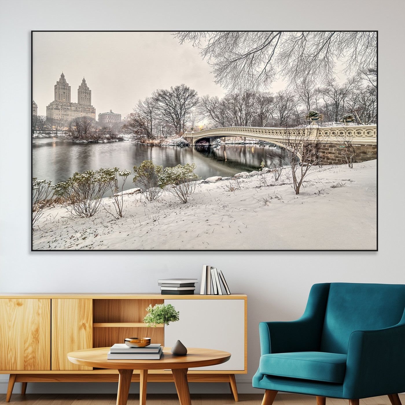 60292-MGV-CV-36X24-Central Park Winter Wall Art – Snowy Bow Bridge Canvas Print, Scenic New York City Landscape Photography for Living Room, Bedroom