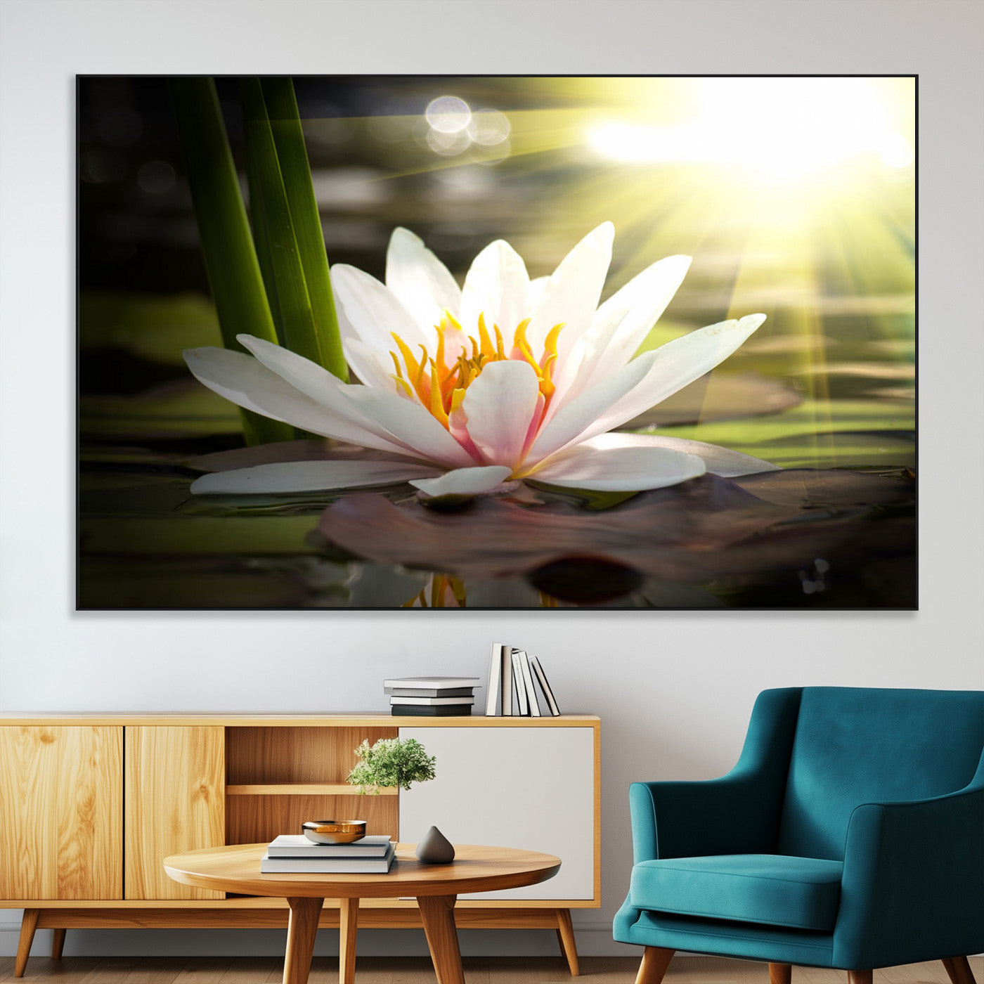 40478-MGV-CV-36X24-Water Lily Wall Art – White Lotus Flower Canvas Print with Sunlight Reflection, Serene Botanical Artwork for Living Room, Bedroom,