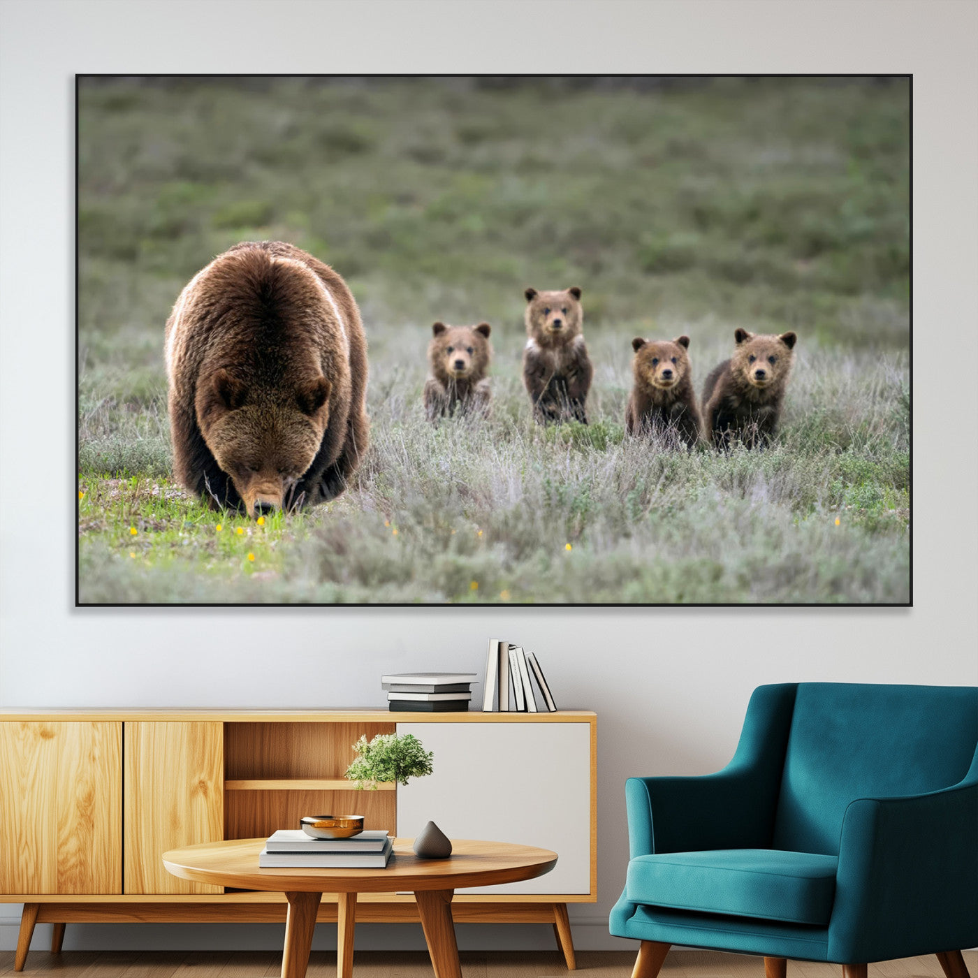 65087B-MGV-CV-36X24-Bear Family Wall Art – Wildlife Canvas Print Featuring Mother Bear with Cubs in Nature, Rustic Animal Artwork for Living Room,
