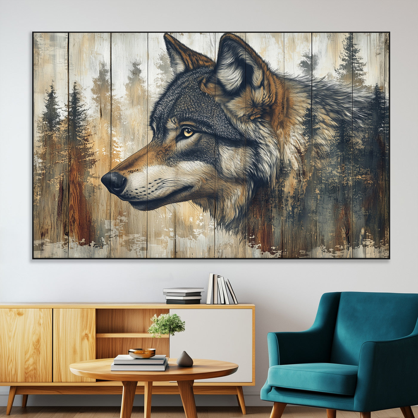 91882-MGV-CV-36X24-Wolf Wall Art – Rustic Canvas Print of Forest Wolf on Wood Background, Wildlife Lodge Artwork for Living Room, Bedroom, Cabin, or