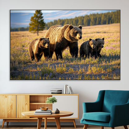 43400-MGV-CV-36X24-Bear Family Wall Art – Wildlife Canvas Print of Mother Bear with Cubs in Sunlit Meadow, Rustic Animal Artwork for Living Room,