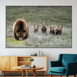 40555-MGV-CV-36X24-Bear Family Wall Art – Wildlife Canvas Print of Mother Bear with Four Cubs in Nature, Rustic Animal Artwork for Living Room,