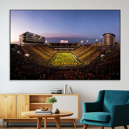 82557-MGV-CV-36X24-College Football Stadium Wall Art – Panoramic Sunset Canvas Print with Marching Band and Game Day Crowd, Sports Artwork for Man
