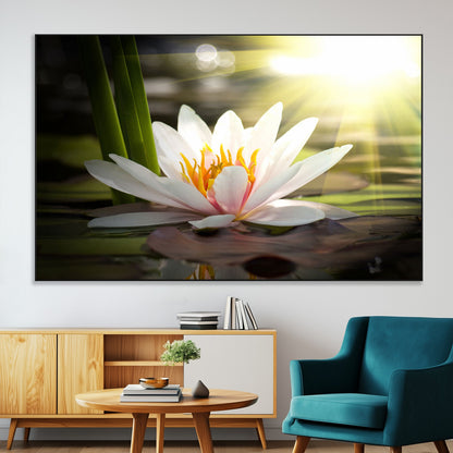 60352-MGV-CV-36X24-White Water Lily Wall Art – Lotus Flower Canvas Print with Sunlight Reflection, Peaceful Botanical Artwork for Living Room,