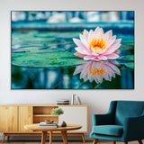 30320-MGV-CV-36X24-Pink Water Lily Wall Art – Lotus Flower Canvas Print with Reflection Water, Peaceful Botanical Artwork for Living Room, Bedroom,