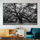 132944706-MGV-CV-36X24-Ancient Tree Wall Art – Black and White Photography Canvas Print Featuring Majestic Twisting Branches, Rustic Nature Artwork for