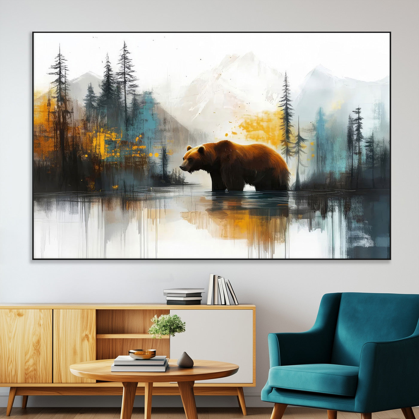 50308-SEG-FC-51X34_Oversize-Abstract Rustic Bear Wall Art – Forest and Mountain Scene Canvas Print, Nature Artwork for Modern Farmhouse or Log Cabin Decor