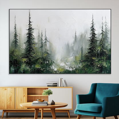 76014-MGV-CV-36X24-Forest Wall Art – Textured Canvas Print Featuring Misty Evergreen Pines and Woodland Landscape, Rustic Nature Artwork for Living