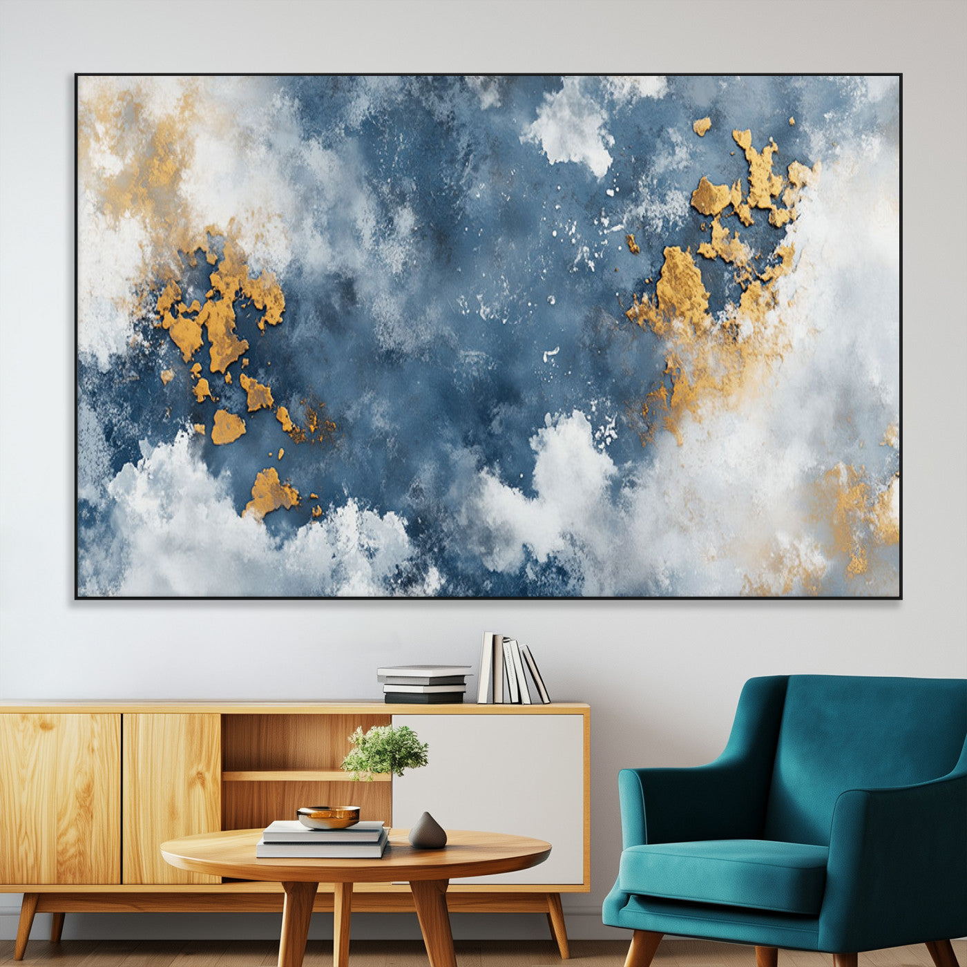 39575-MGV-CV-36X24-Blue and Gold Abstract Wall Art – Modern Canvas Print Featuring Cloudy Textures with Metallic Accents, Contemporary Artwork for