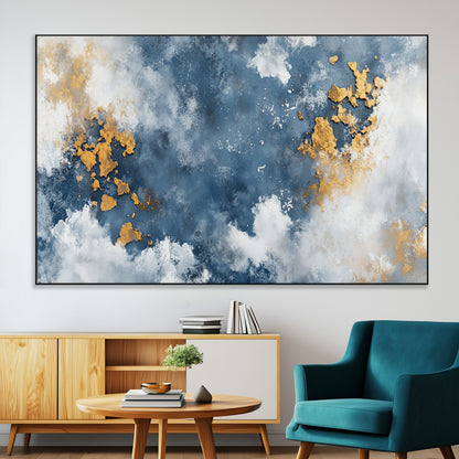 39575-MGV-CV-36X24-Blue and Gold Abstract Wall Art – Modern Canvas Print Featuring Cloudy Textures with Metallic Accents, Contemporary Artwork for