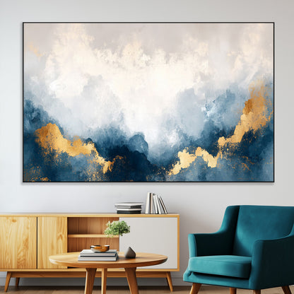 14578-MGV-CV-36X24-Abstract Wall Art – Modern Canvas Print Featuring Blue and White Clouds with Golden Accents, Contemporary Elegant Artwork for