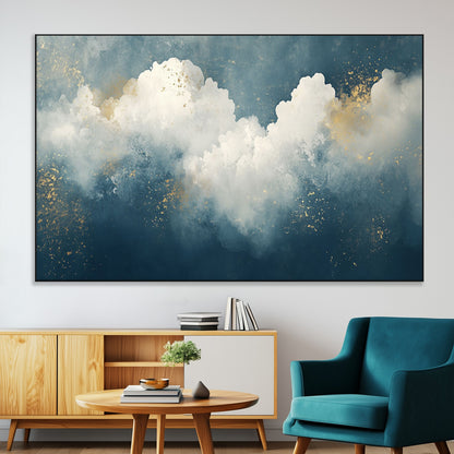 75131-MGV-CV-36X24-Abstract Cloud Wall Art – Modern Canvas Print Featuring Blue and White Clouds with Golden Accents, Contemporary Artwork for Living