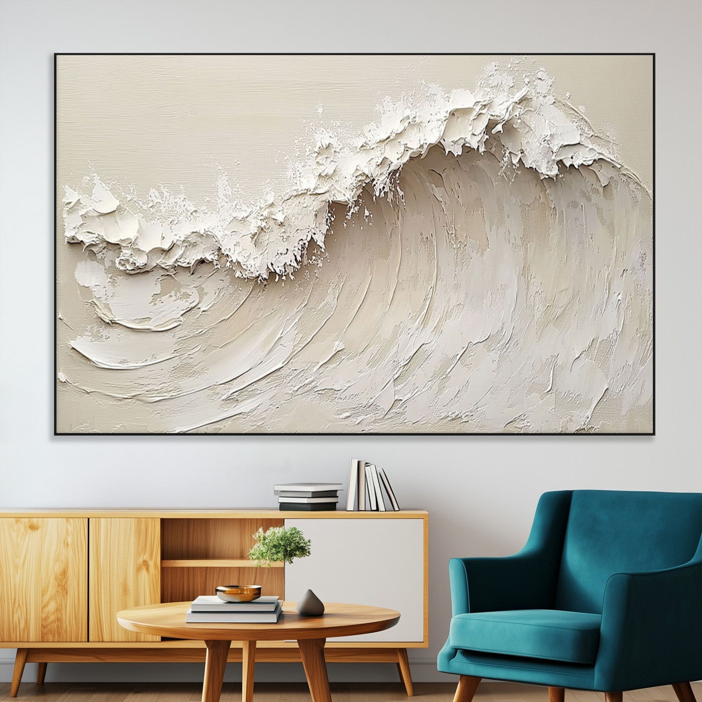 45175-SEG-FC-51X34_Oversize-Textured Wave Wall Art Canvas Print, Framed Minimal Seascape Art Picture Print, Elegant Wave Perfect Modern Coastal Decor Artwork