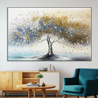 24771-MGV-CV-36X24-Silver Tree Wall Art Canvas Print, Framed Golden Leaves Art Picture Print, Metallic Tree Perfect Minimalist Luxury Decor Artwork