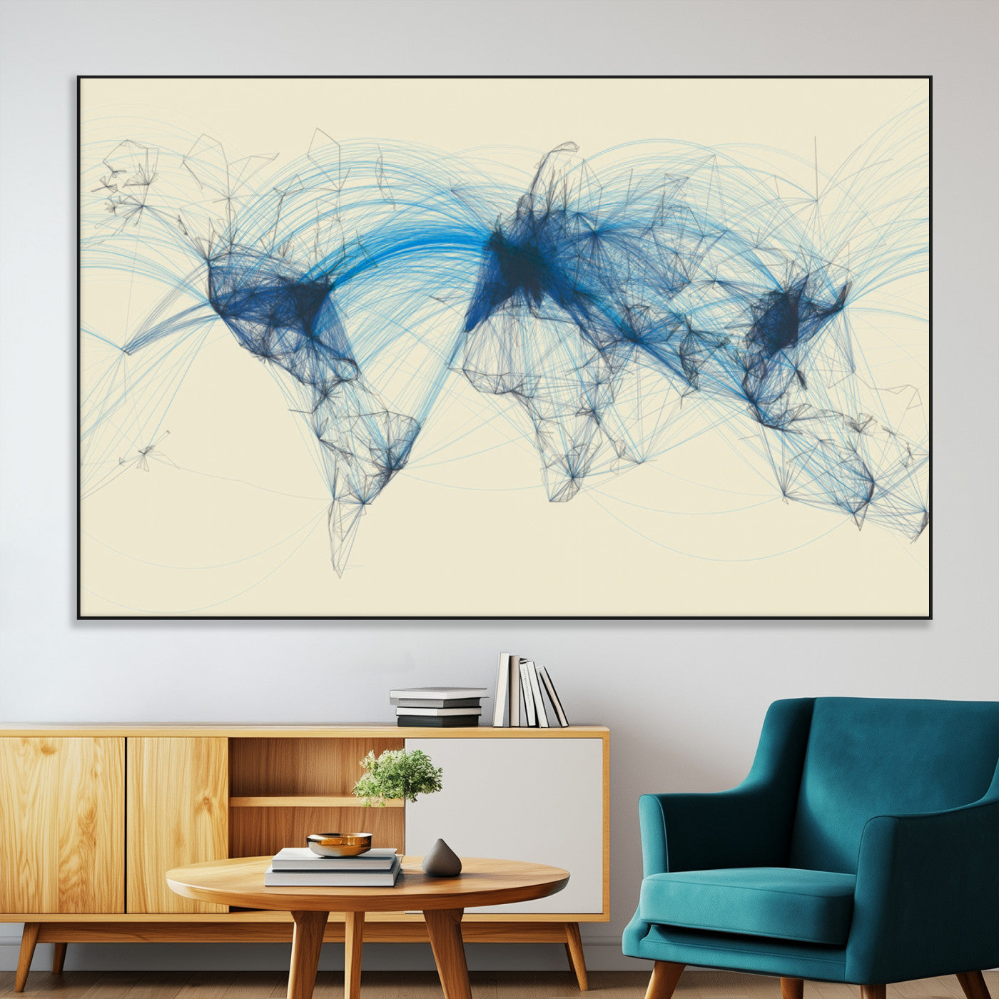 Map-Blue-Contract-MGV-CV-36X24-Abstract World Map Wall Art – Modern Blue Line Network Style Canvas Print, Contemporary Global Artwork for Living Room, Bedroom,