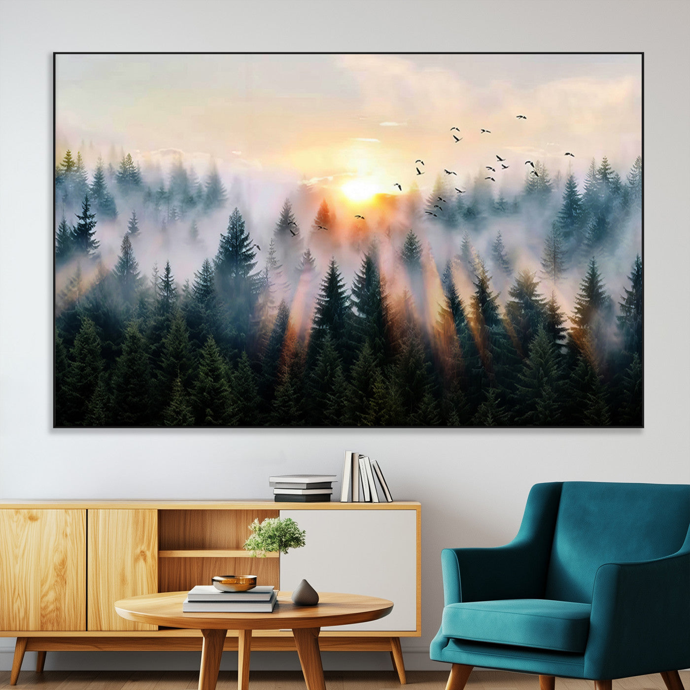 56391411-MGV-CV-36X24-Misty Forest Wall Art Canvas Print, Framed Sunrise Pines Art Picture Print, Moody Pines Perfect Serene Woodland Decor Artwork