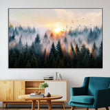 56391411-MGV-CV-36X24-Misty Forest Wall Art Canvas Print, Framed Sunrise Pines Art Picture Print, Moody Pines Perfect Serene Woodland Decor Artwork