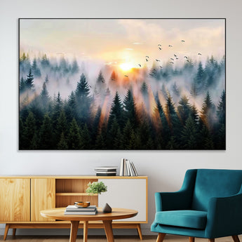 56391411-MGV-CV-36X24-Misty Forest Wall Art Canvas Print, Framed Sunrise Pines Art Picture Print, Moody Pines Perfect Serene Woodland Decor Artwork