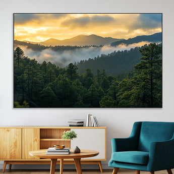 68082278-MGV-CV-36X24-Mountain Sunrise Wall Art Canvas Print, Framed Pine Forest Art Picture Print, Misty Mountains Perfect Earthy Woodland Decor