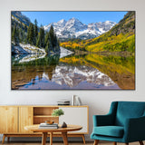 87724099-MGV-CV-36X24-Maroon Bells Wall Art Canvas Print, Framed Snowy Mountains Art Picture Print, Pine Forest Perfect Vibrant Alpine Decor Artwork