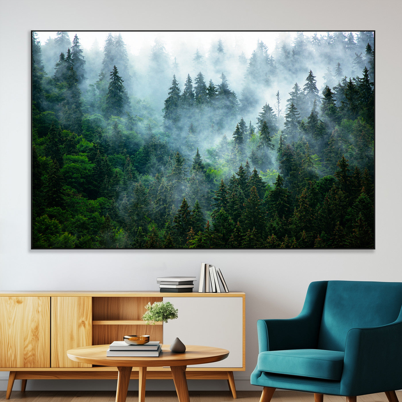 17393683-MGV-CV-36X24-Misty Forest Art Wall Art Canvas Print, Framed Foggy Mountain Art Art Picture Print, Scenic Wall Print Perfect Decor Artwork