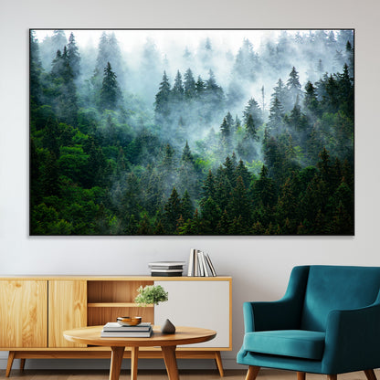 17393683-MGV-CV-36X24-Misty Forest Art Wall Art Canvas Print, Framed Foggy Mountain Art Art Picture Print, Scenic Wall Print Perfect Decor Artwork
