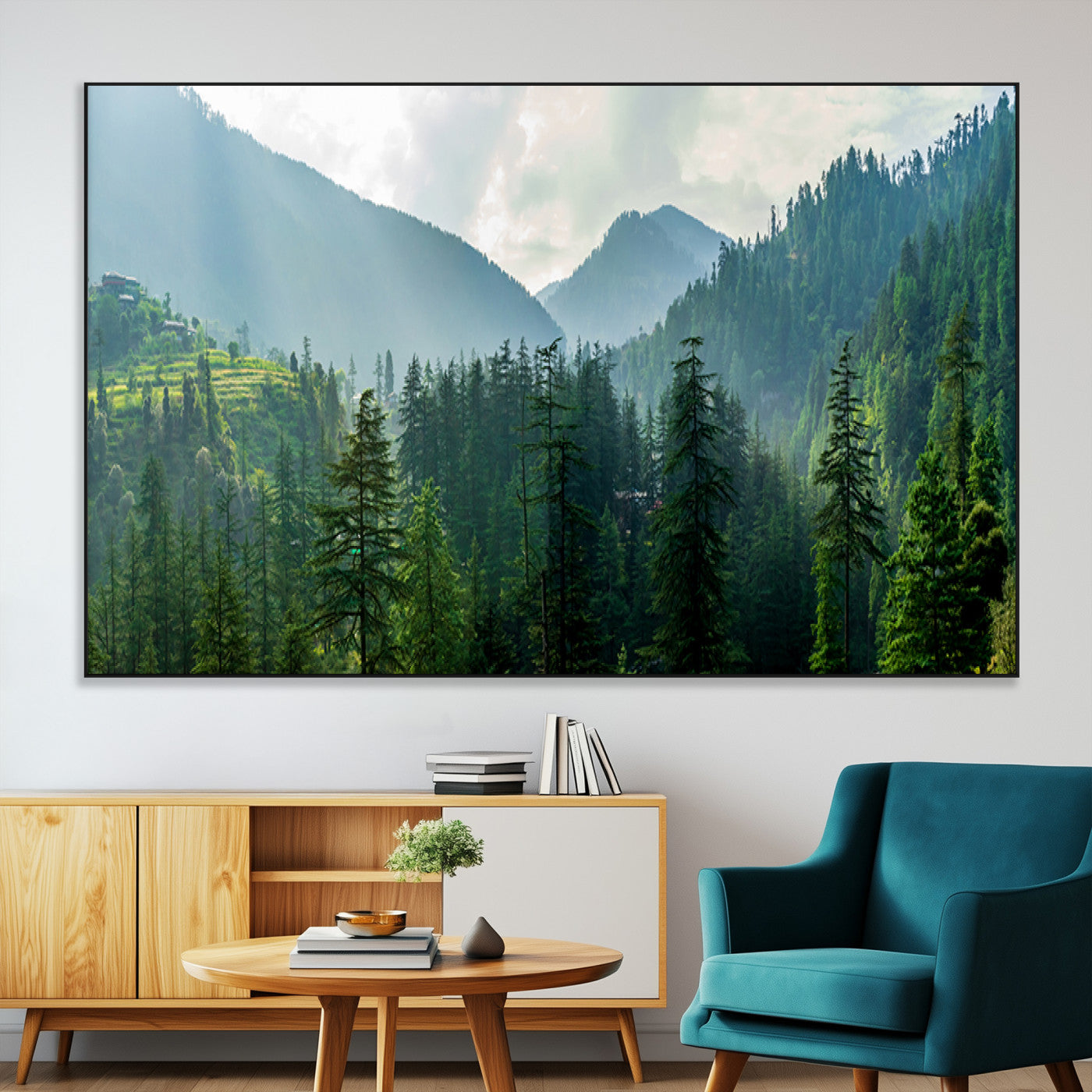 83417191-MGV-CV-36X24-Misty Mountain Forest Wall Art – Pine Tree Landscape Canvas Print, Nature Photography Panorama, Tranquil Green Forest Décor for