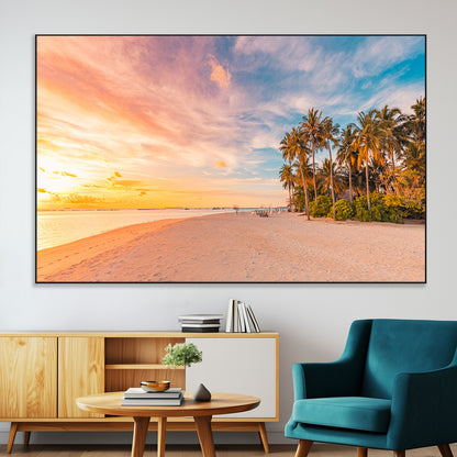 41542880-MGV-CV-36X24-Tropical Beach Wall Art Canvas Print, Framed Palm Trees Art Picture Print, Sunset Shore Perfect Tropical Coastal Decor Artwork