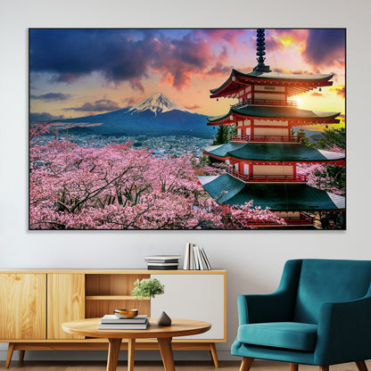 32331262-MGV-CV-36X24-Mount Fuji Japan Wall Art – Cherry Blossom Landscape Canvas Print, Chureito Pagoda Sunset Photography, Japanese Nature Travel