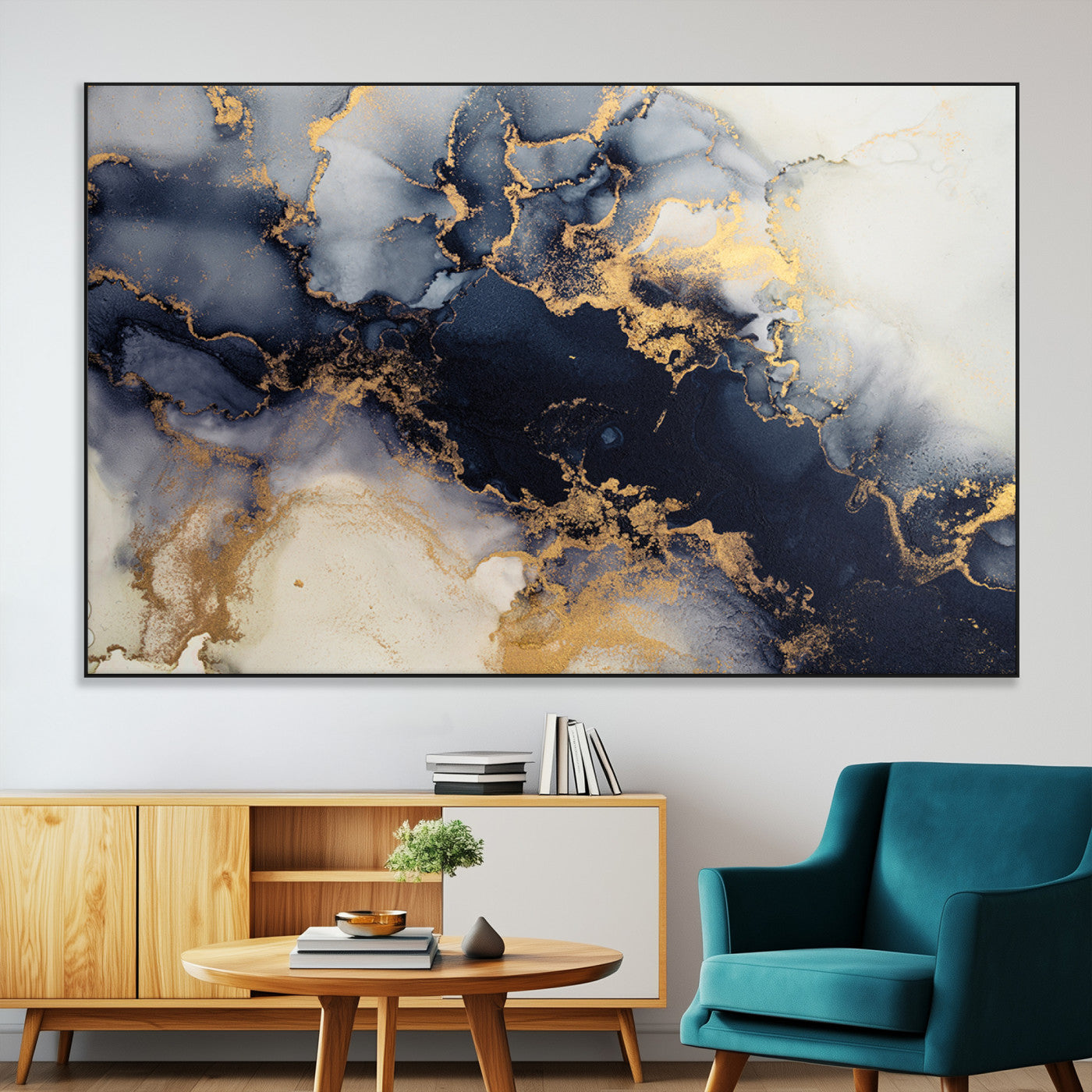 41136487-MGV-CV-36X24-Black Marble Wall Art Canvas Print, Framed Gold Veins Art Picture Print, Abstract Texture Perfect Moody Luxe Decor Artwork