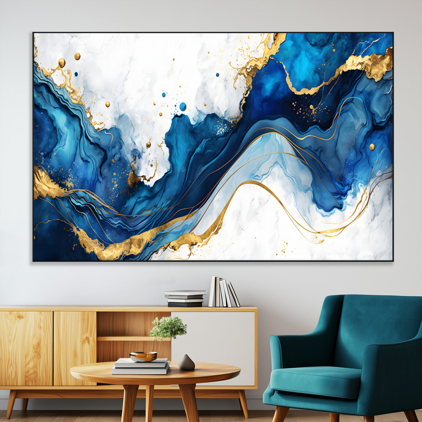33506371-MGV-CV-36X24-Blue Marble Wall Art Canvas Print, Framed Gold Splash Art Picture Print, Abstract Wave Perfect Modern Luxe Decor Artwork