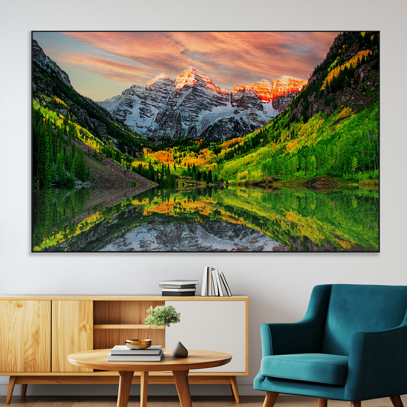 59533484-MGV-CV-36X24-Maroon Bells Autumn Wall Art – Panoramic Mountain Landscape Canvas Print, Sunset Reflection Nature Artwork for Living Room, Office