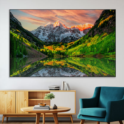59533484-MGV-CV-36X24-Maroon Bells Autumn Wall Art – Panoramic Mountain Landscape Canvas Print, Sunset Reflection Nature Artwork for Living Room, Office