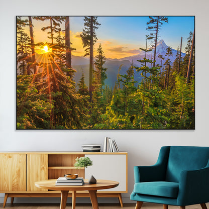 83544043-MGV-CV-36X24-Forest Sunset Wall Art Canvas Print, Framed Sunset Trees Art Picture Print, Green Pines Perfect Rustic Nature Decor Artwork