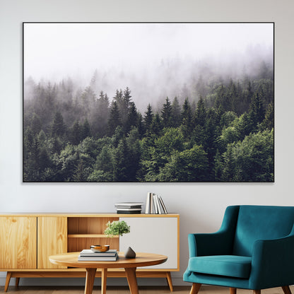 62890402-MGV-CV-36X24-Misty Forest Wall Art Canvas Print, Framed Foggy Pines Art Picture Print, Pine Valley Perfect Moody Woodland Decor Artwork