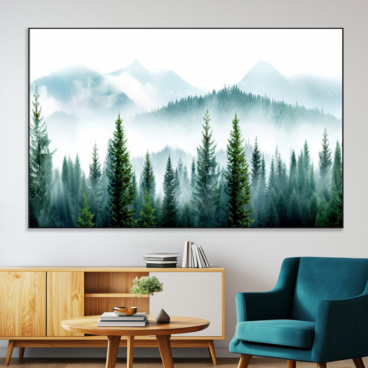 16716676-MGV-CV-36X24-Pine Forest Wall Art Canvas Print, Framed Misty Mountains Art Picture Print, Foggy Trees Perfect Moody Forest Decor Artwork