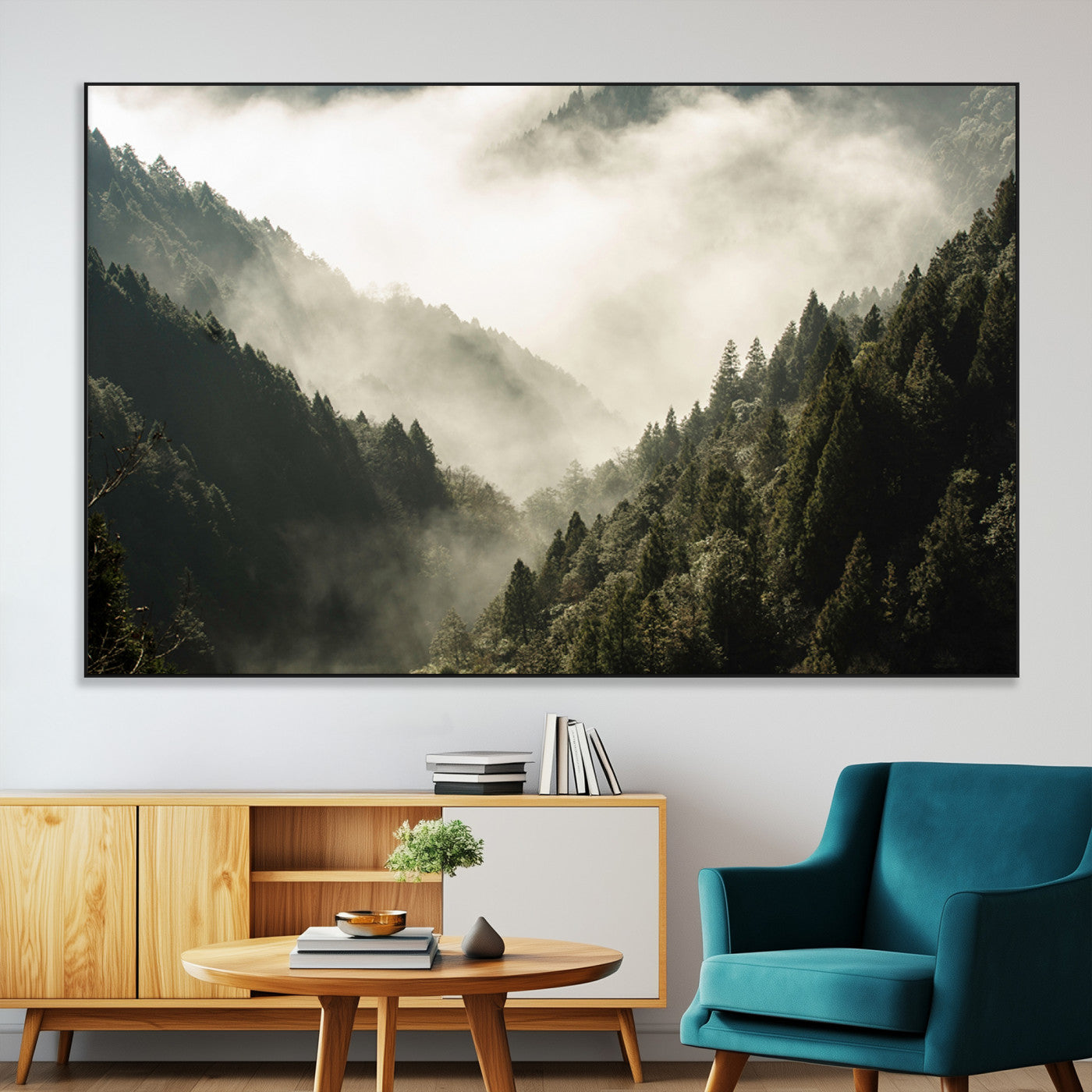 57570237-MGV-CV-36X24-Misty Valley Wall Art Canvas Print, Framed Foggy Forest Art Picture Print, Pine Trees Perfect Moody Woodland Decor Artwork