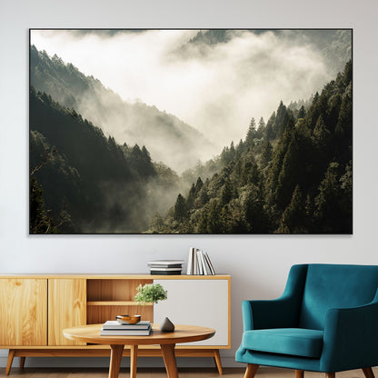 57570237-MGV-CV-36X24-Misty Valley Wall Art Canvas Print, Framed Foggy Forest Art Picture Print, Pine Trees Perfect Moody Woodland Decor Artwork