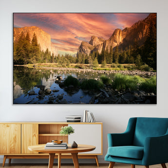 31199457-MGV-CV-36X24-Yosemite Valley Wall Art Canvas Print, Framed El Capitan Art Picture Print, Sunset Sky Perfect Vibrant Western Decor Artwork