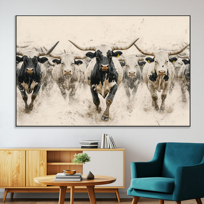 61538944-MGV-CV-36X24-Texas Longhorn Wall Art Canvas Print, Framed Cattles Walking Art Picture Print, Black White Bulls Perfect Rustic Western Decor