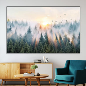 92718976-MGV-CV-36X24-Misty Forest Wall Art Canvas Print, Framed Sunrise Pines Art Picture Print, Foggy Woodland Perfect Moody Woodland Decor Artwork