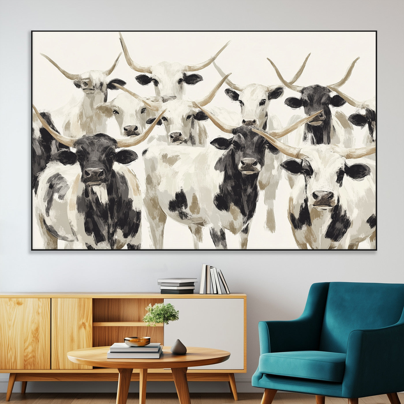 52947970-SEG-FC-51X34_Oversize-Texas Longhorn Wall Art Canvas Print, Framed Cattle Herd Art Picture Print, Herd Portrait Perfect Modern Farmhouse Decor Artwork