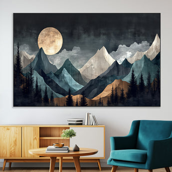 11060882-MGV-CV-36X24-Moonlit Mountains Wall Art Canvas Print, Framed Forest Silhouette Art Picture Print, Night Landscape Perfect Modern Forest Decor