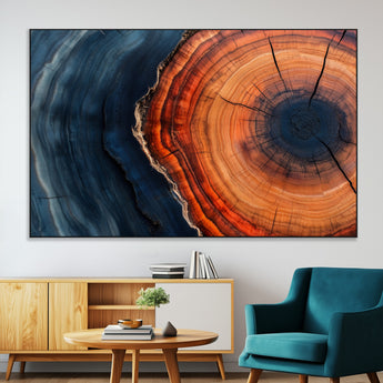 57732250-MGV-CV-36X24-Tree Ring Abstract Wall Art – Blue Orange Wood Grain Canvas Print, Modern Rustic Nature Artwork for Living Room, Office,